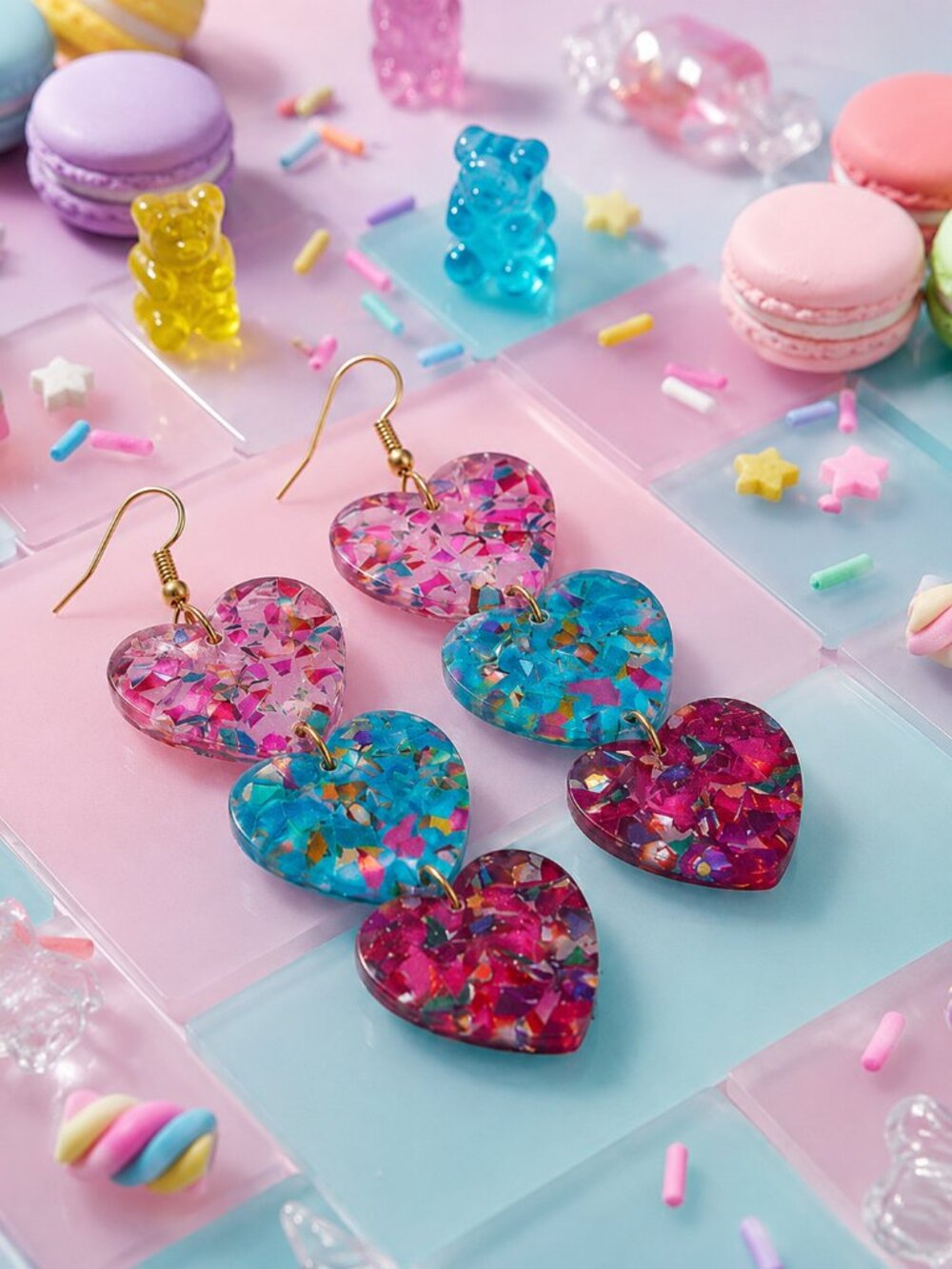 Triple Heart Confetti Glitter Resin Earrings Pink Teal Dopamine Dressing 3.8"